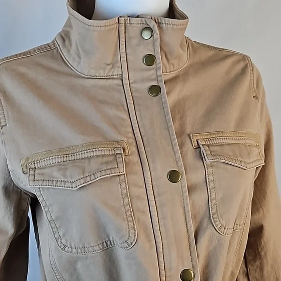 Talbots Stretch Twill Khaki Tan Cinch Waist Zip & Snap Front Field Jacket - Picture 6 of 16